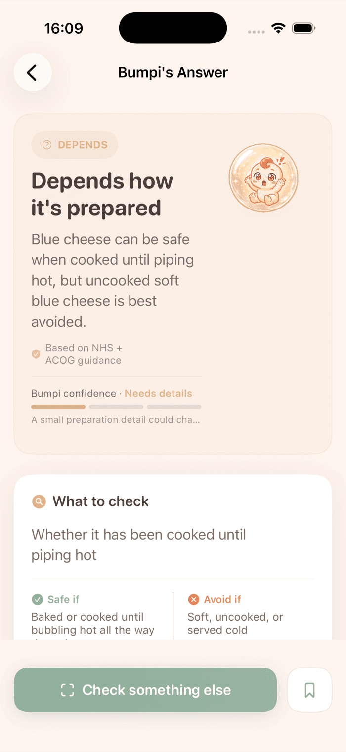 Bumpi showing 'Depends how it's prepared' verdict for blue cheese during pregnancy