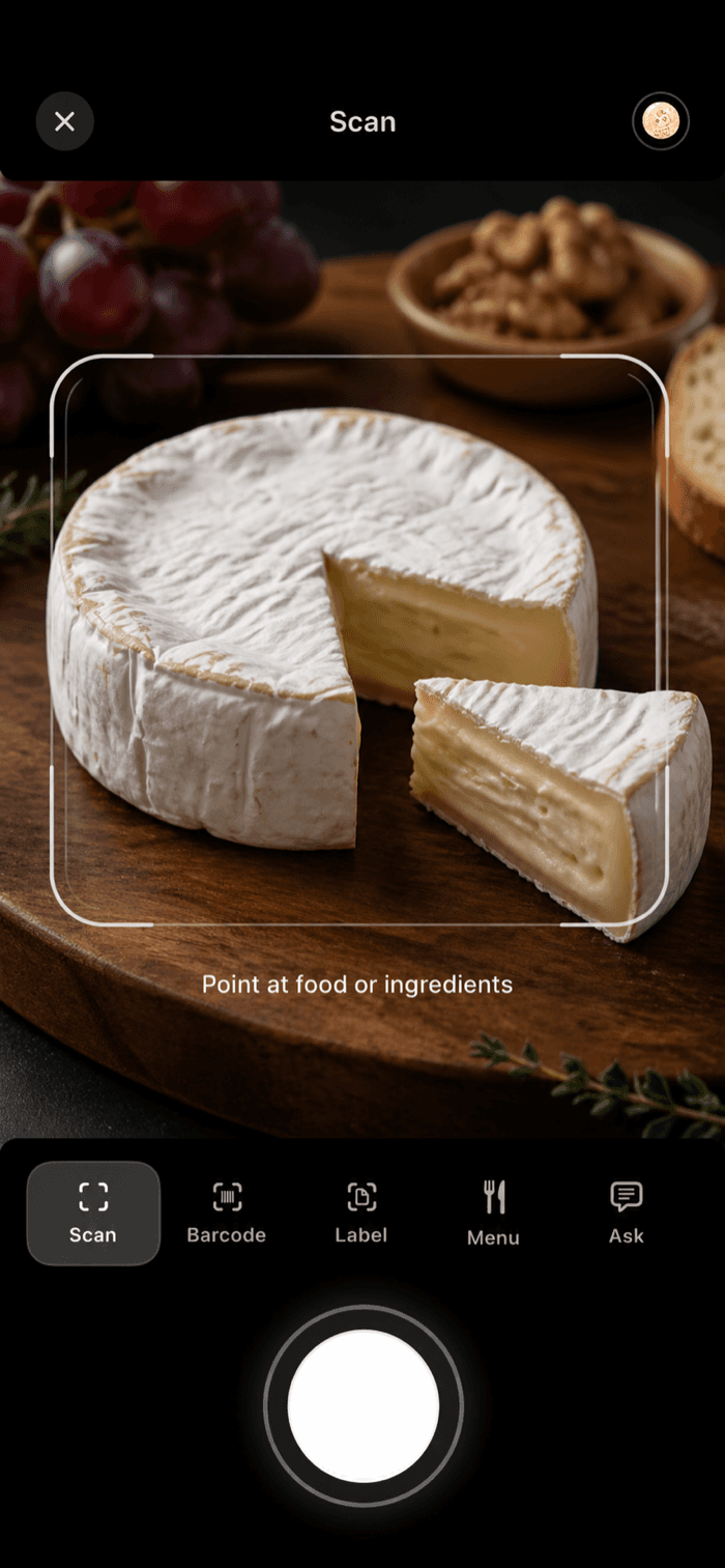 Bumpi app camera screen scanning a brie cheese for pregnancy safety